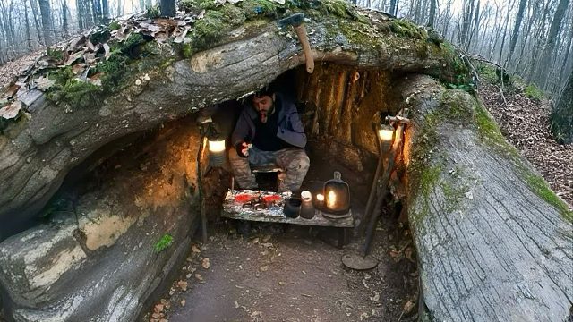 好巴适的丛林生活，我利用倒塌大树建造的庇护所，小住几日是真香