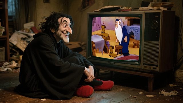 格格巫藏在蓝精灵的蘑菇屋，看着电视，80后童年记忆中的动画片氛围，白噪音氛围助眠，放松，学习陪伴