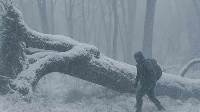 天寒地冻，小伙独自一人荒野艰难生存，为躲避极寒和野兽袭击，就地取材搭建临时庇护所
