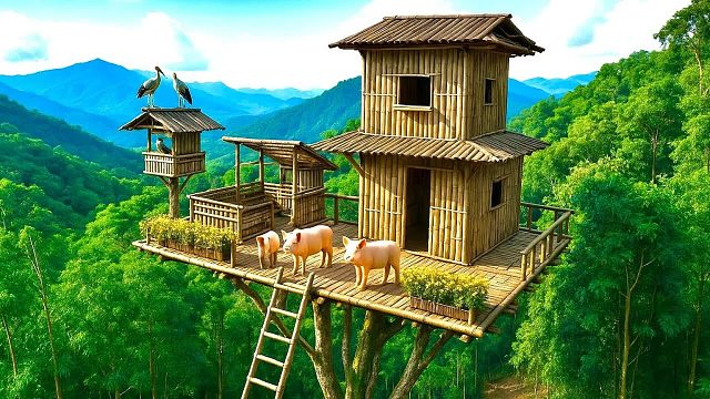 这得多么大的能耐，单腿上十几米的大树，还在树上建造出房子养猪