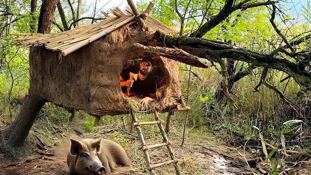 春暖花开，小伙独自荒野艰难生存，为了躲避野兽袭击，就地取材搭建临时庇护所