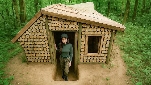 在树林里挖坑建造一间木屋，夏日在里面避暑乘凉！