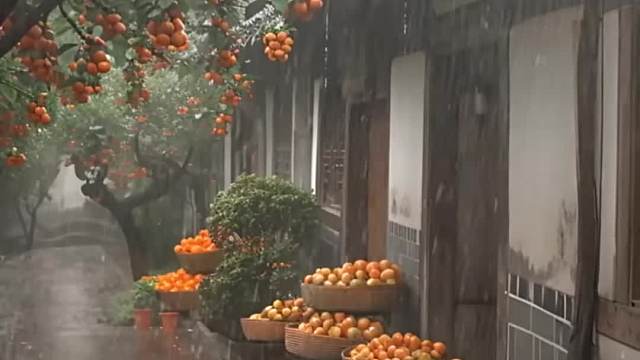 因为看到这雨打柿树