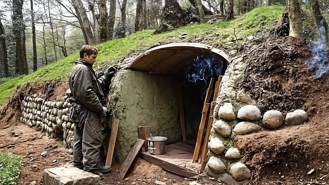 在森林中建造地下房屋，从开始到完整结束，在里面舒舒服服的居住！