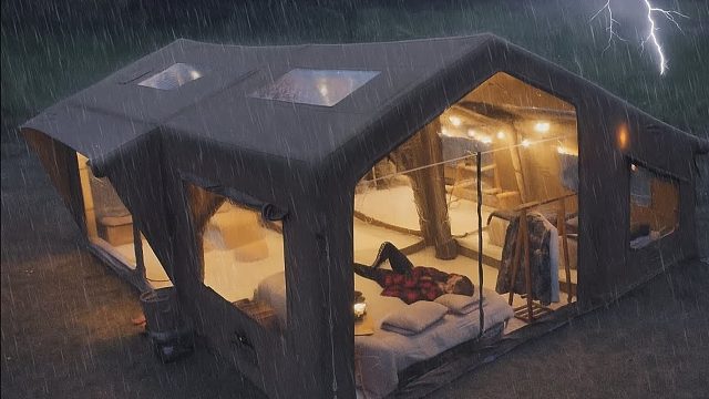 夫妻二人真的是土豪玩家，带着超大号四室帐篷，在暴雨中露营