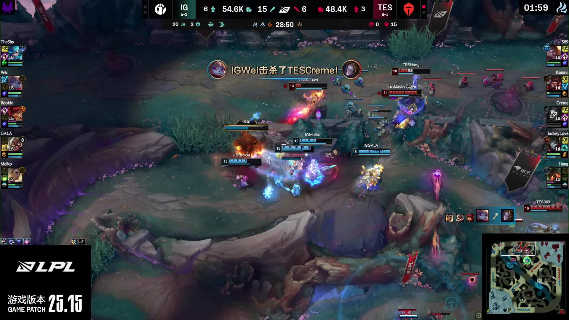 iG在TES野区爆发团战击杀三人，随后上路推进一波结束比赛