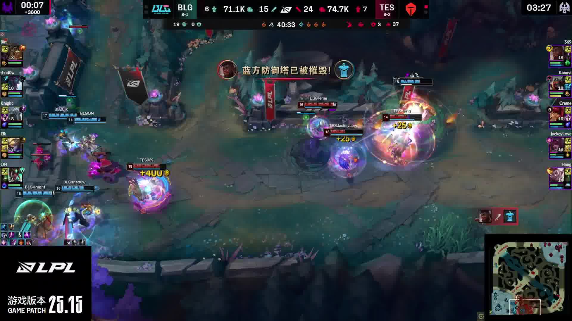 TES大龙Buff下路推进，BLG打出1换2守家成功