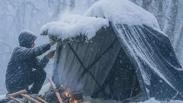 天寒地冻，小伙独自一人荒野艰难生存