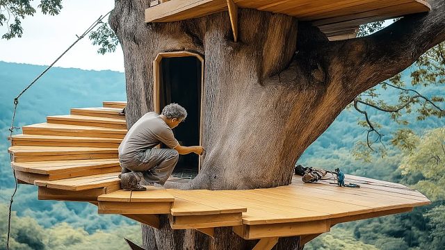 我独自前往森林，在一棵大树上建造出树屋，冬天下完大雪住着才奢华