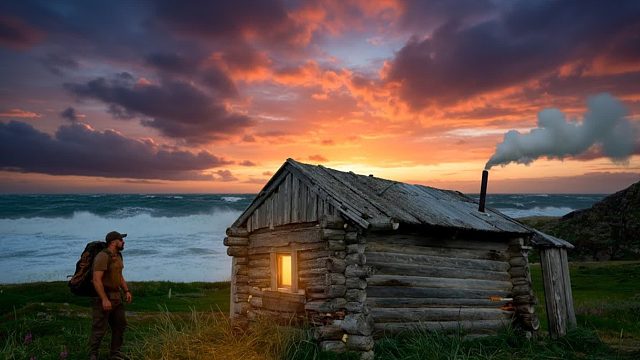 独自在一座荒凉的北极岛屿上——为夜晚搭建一间木屋