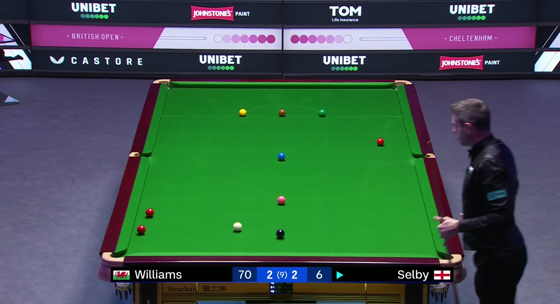 正播斯诺克英国公开赛：塞尔比狂飙数十杆斯诺克！老马疯狂解球！