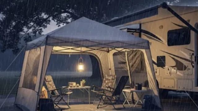 大雨中房车露营 大雨中房车露营 大雨中厢式货车露营。