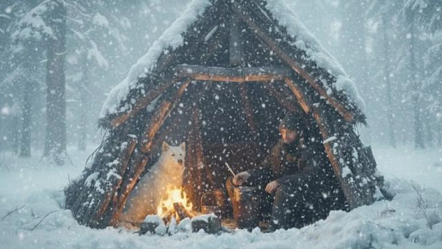 天寒地冻，小伙带着狗狗荒野艰难生存