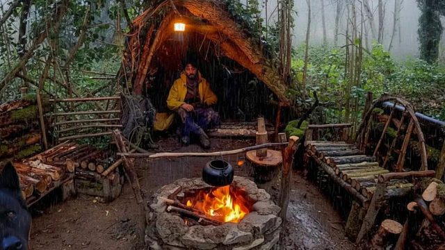 我和我的狗子在野外生存露营7天，因为我建造出的庇护所，小日子变得相当舒坦