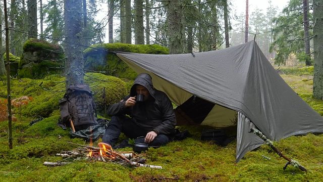 森林里湿润下着小雨，我得搞一点柴火，躲在帐篷里烧点热汤来驱寒