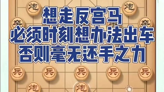 想走反宫马，必须时刻想办法出车，否则毫无还手之力！如何快速提升象棋水平系统学棋？如何学习象棋布局、中