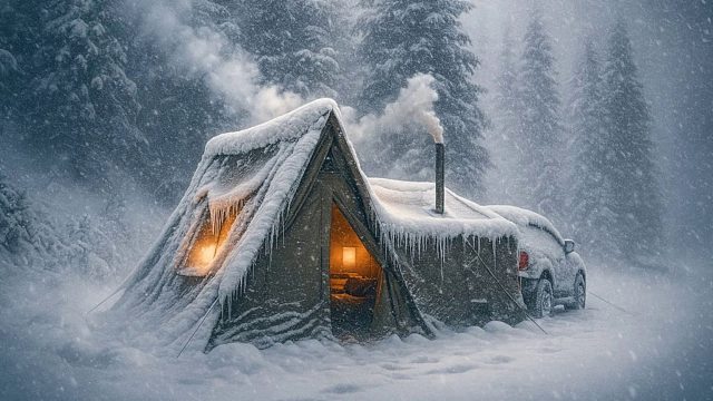 在暴风雪中露营——在严寒的雪粒与暴风雨中求生，帐篷外瑟瑟发抖！