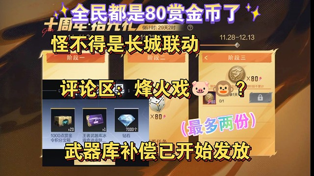 全民80赏金币，武器库补偿每人最多两份