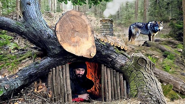 在一棵倒塌树干下，完美建造出绝佳庇护所，入住里面安全又奢华