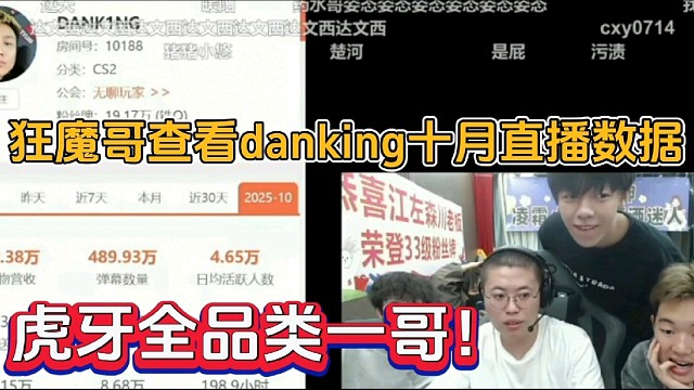 狂魔哥查看danking十月直播数据，虎牙全品类一哥！