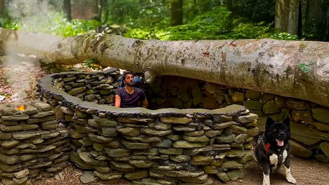 我和狗儿的野外生活，在丛林里用石块砌建庇护所，快乐的度假！