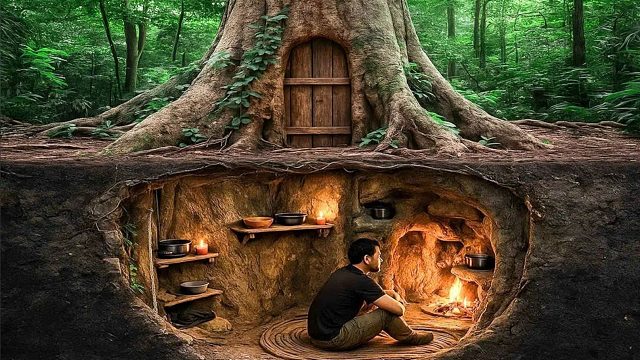 森林里的超大系古树，根部有其大空间，我将内部改造成完美庇护所