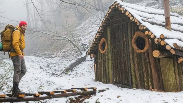 潮湿且下着雨的森林中，我花时间收集枯木，终于建造能遮风避雨的小屋休息