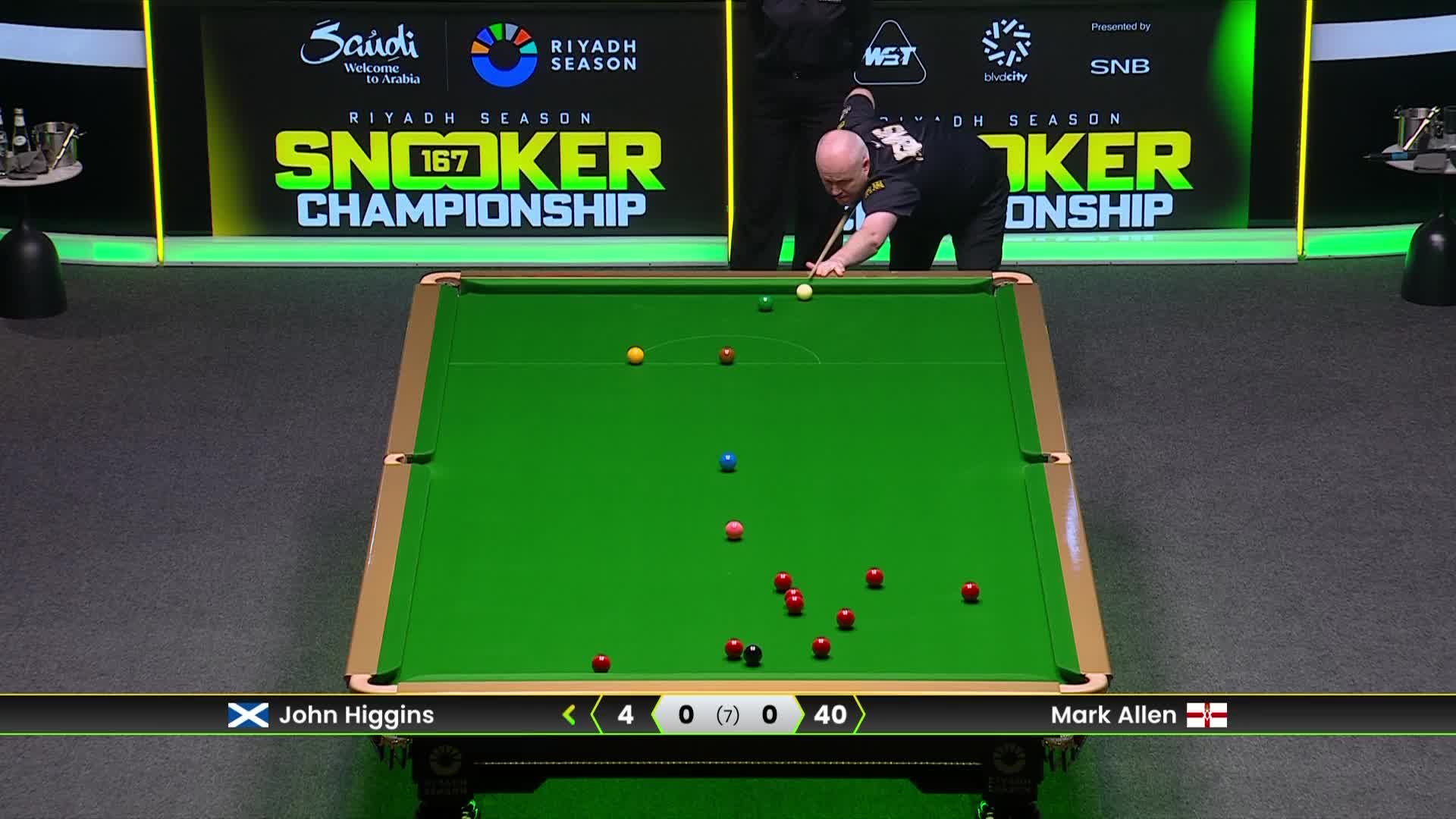 马克·艾伦VS约翰·希金斯 2025斯诺克利雅得锦标赛 第一局