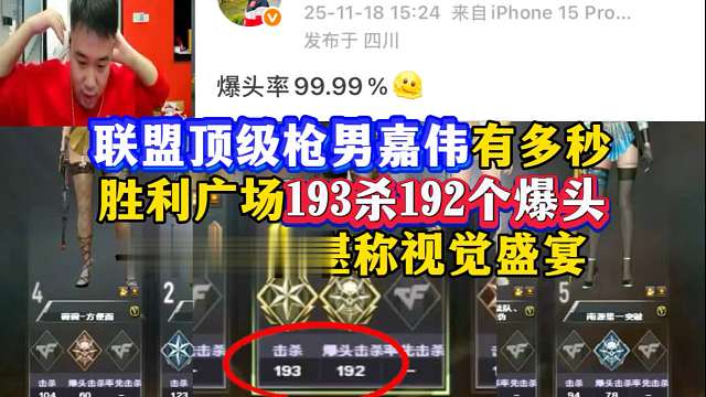 联盟顶级枪男嘉伟有多秒，胜利广场193杀192个爆头，各种连杀堪称视觉盛宴