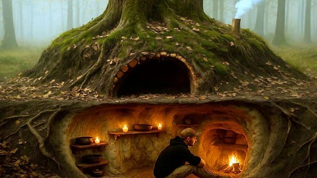 森林里发现一棵树根下自带空间，果断加以改造一下，就是个完美的避难所！