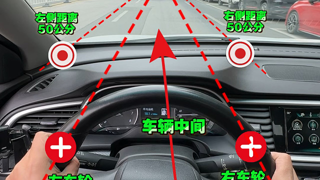 车辆的宽度可以参考方向盘的这几个点位，新手朋友可以参照一下这个方法