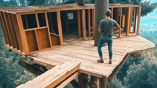 这才是真资格牛人小伙，爬山森林几十秒的参天巨树，在上面建造出树屋！