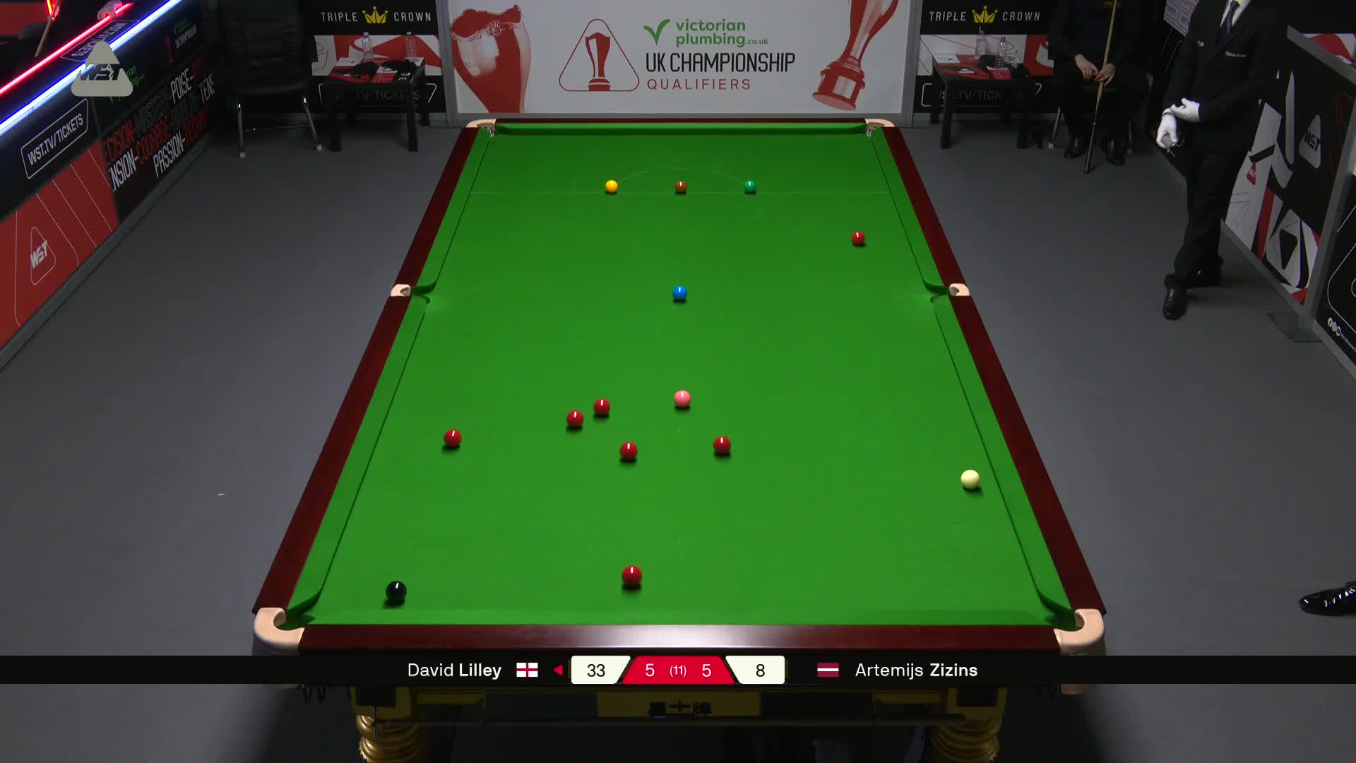 阿特米吉斯·齐津斯VS大卫·利利 2025斯诺克英国锦标赛资格赛 第十一局