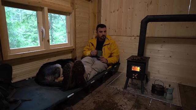 被困在森林的木屋中，遭遇大雨，我和我的狗独躲在里面还真舒服！