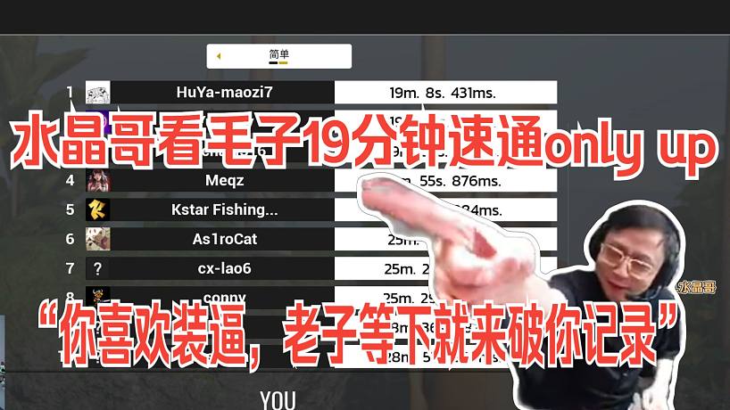 水晶哥看毛子19分鐘速通only up：鬧麻了毛子，你喜歡裝逼，老子等下就來破你記錄。