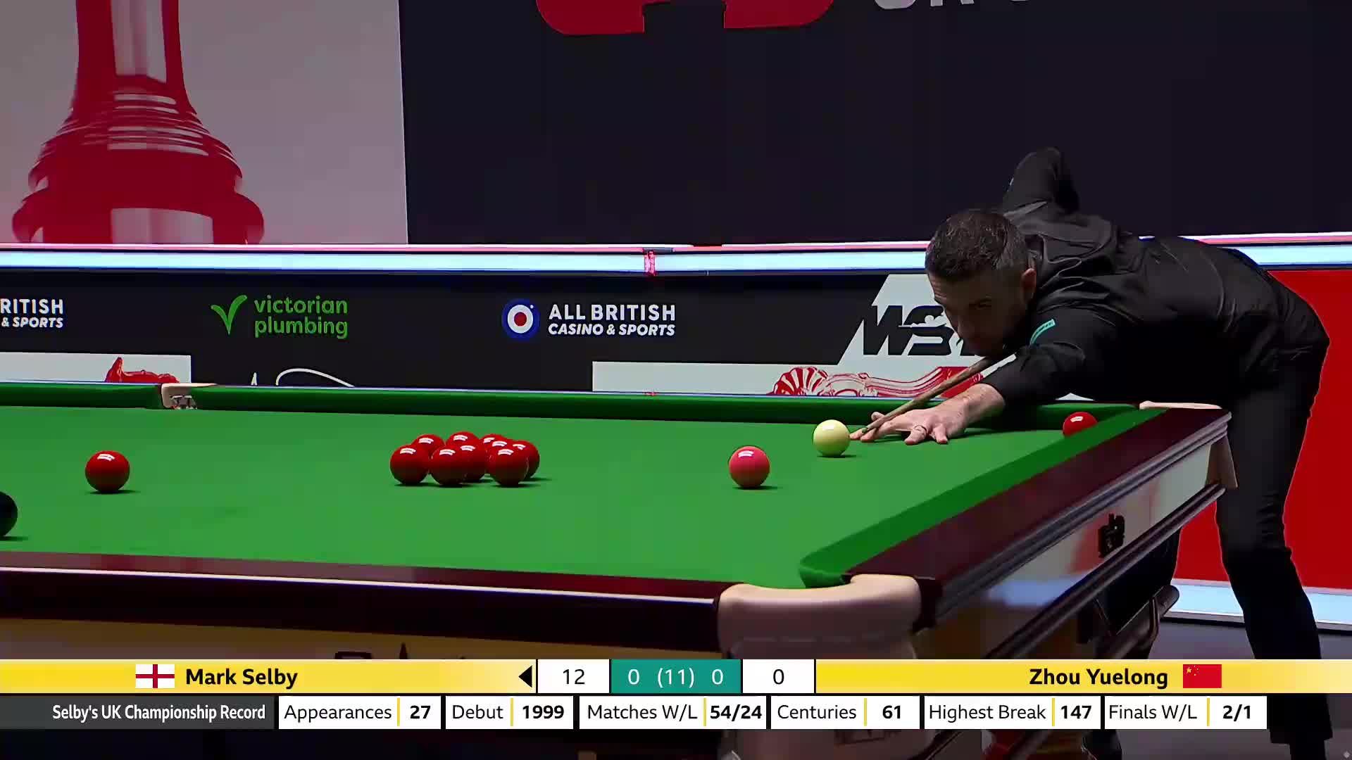马克·塞尔比VS周跃龙 2025斯诺克英国锦标赛正赛 第一局