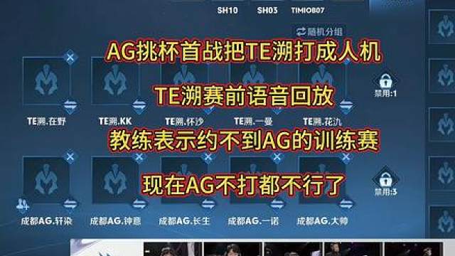 AG挑杯首战把TE溯打成人机 TE溯赛前语音回放 教练表示约不到AG的训练赛 现在AG不打都不行了