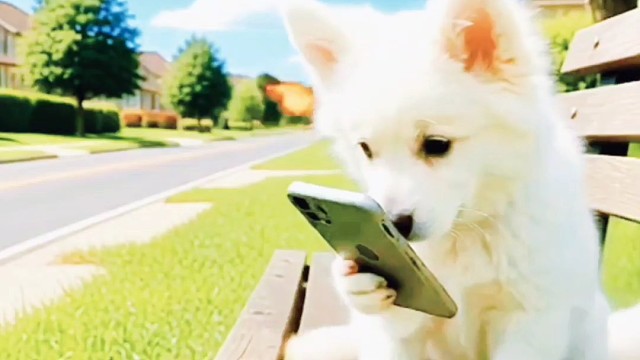可爱狗狗看手机