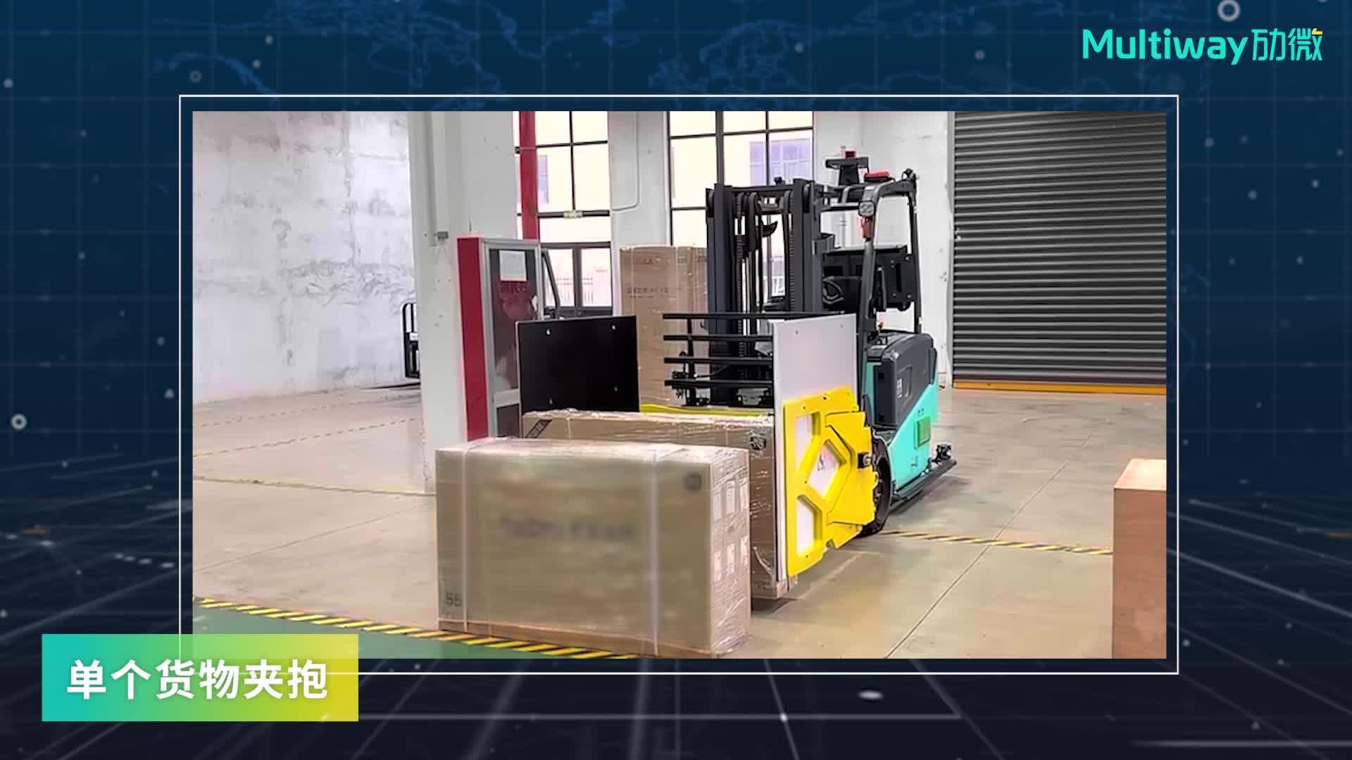 无需托盘载具，劢微机器人E系列夹抱式智能无人叉车，一车应对多类型“包材”与非标货物。