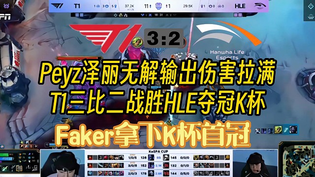 T1三比二战胜HLE夺冠K杯，决胜局Peyz泽丽无解输出伤害拉满，Faker拿下首座K杯冠军