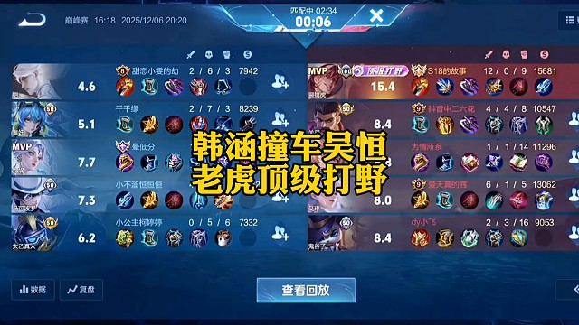 韩涵撞车小不溜恒，老虎拿下顶级打野，吴恒赛后表示不服。