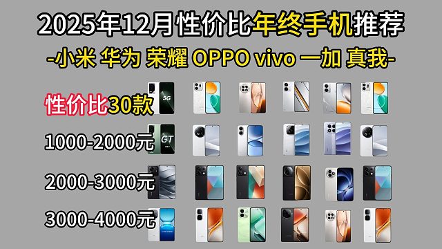 2025年12月年终高性价比手机汇总｜1000、2000、3000、4000、5000价位手机推荐|