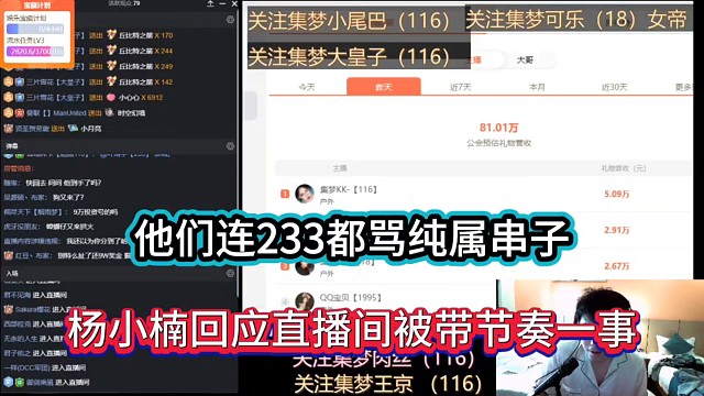他们连233都骂纯属串子，杨小楠回应直播间被带节奏一事！