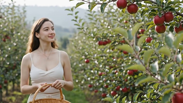 独自生活的年轻女子与邻居一起收获苹果和出售烧烤