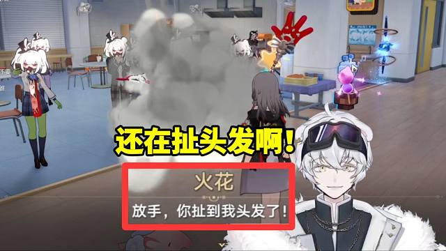 北极熊看火花和花火从楼下打到楼上：还在扯头发啊！