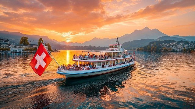 【4K60帧】云旅游：乘船欣赏瑞士卢塞恩湖日落美景 作者：Switzerland is Life