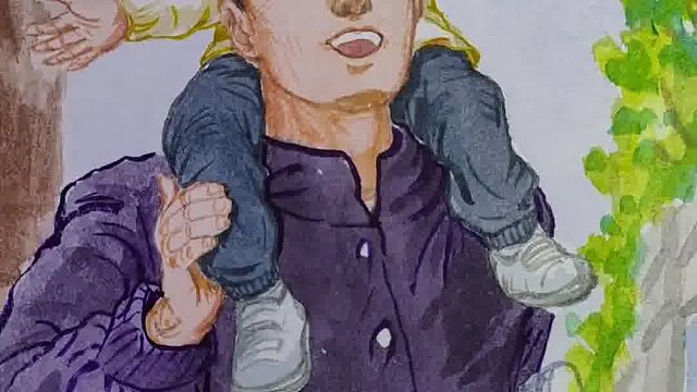 父爱如山 独腿爸爸坚毅挺拔的用肩膀托着女儿穿行大街，父爱无声而伟大