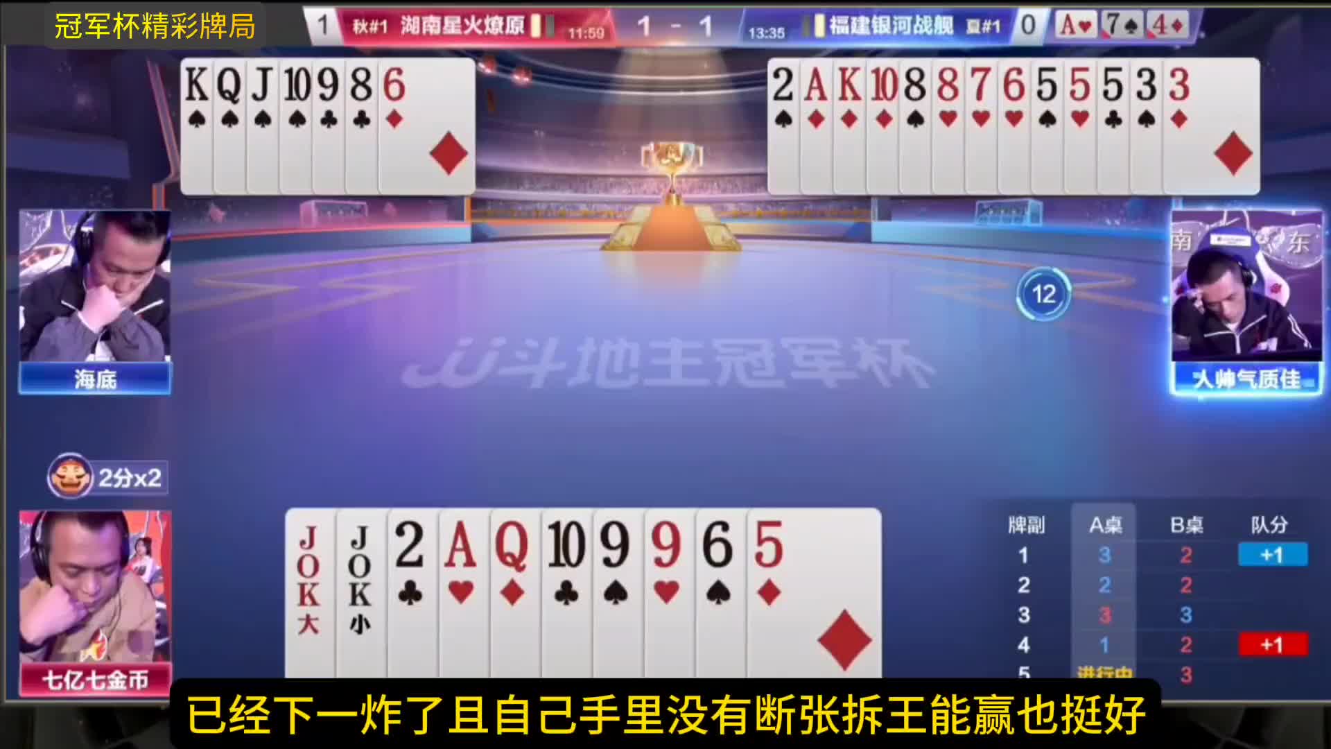 冠军赛里，地主四炸七单，稳操胜券