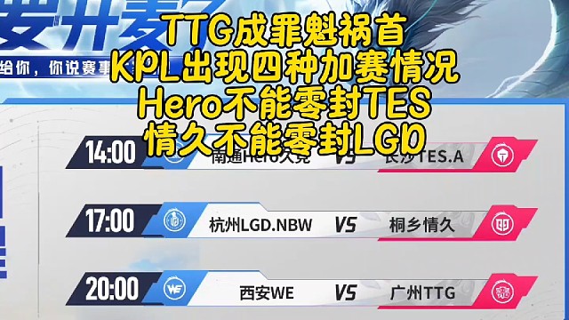 TTG成罪魁祸首？KPL出现四种加赛情况：Hero不能零封TES，情久不能零封LGD
