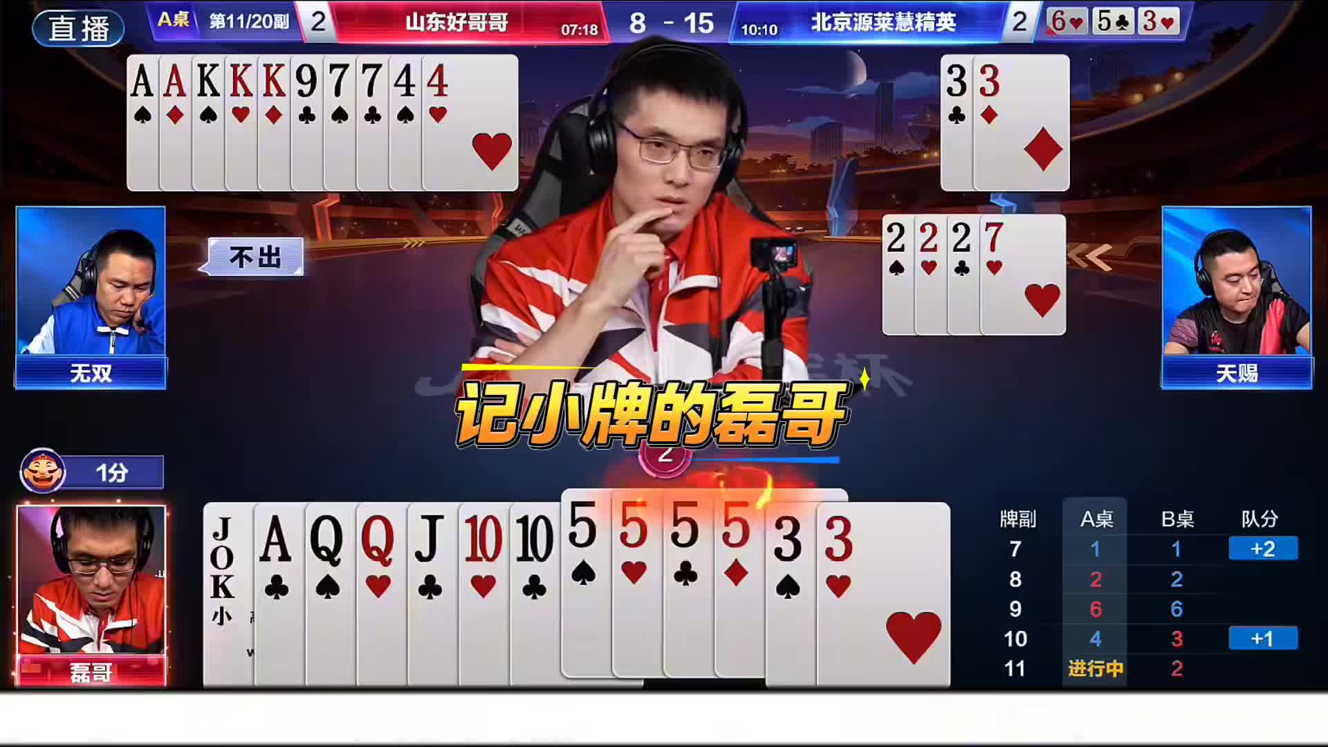 磊哥这手四个5的炸点把下家农民牌计算的十分精准！残局又差点上演对3记大的操作